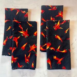 Cloth Napkins,  Set of 4  Hot Pepper Print on Black Background  16” Square